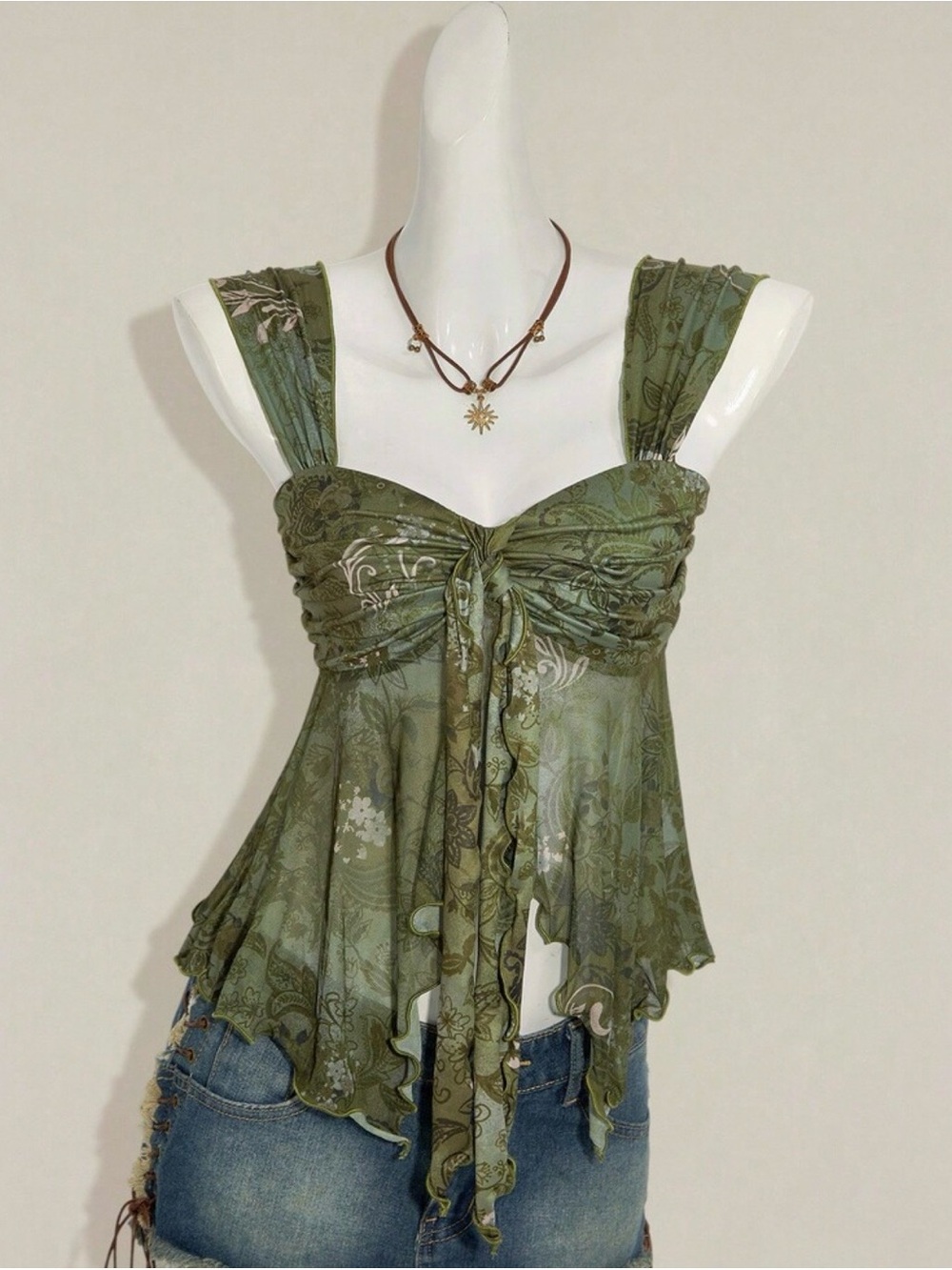 Brand New Floral & Paisley Olive Green Sweetheart Tie-Front Camisole Tank Top